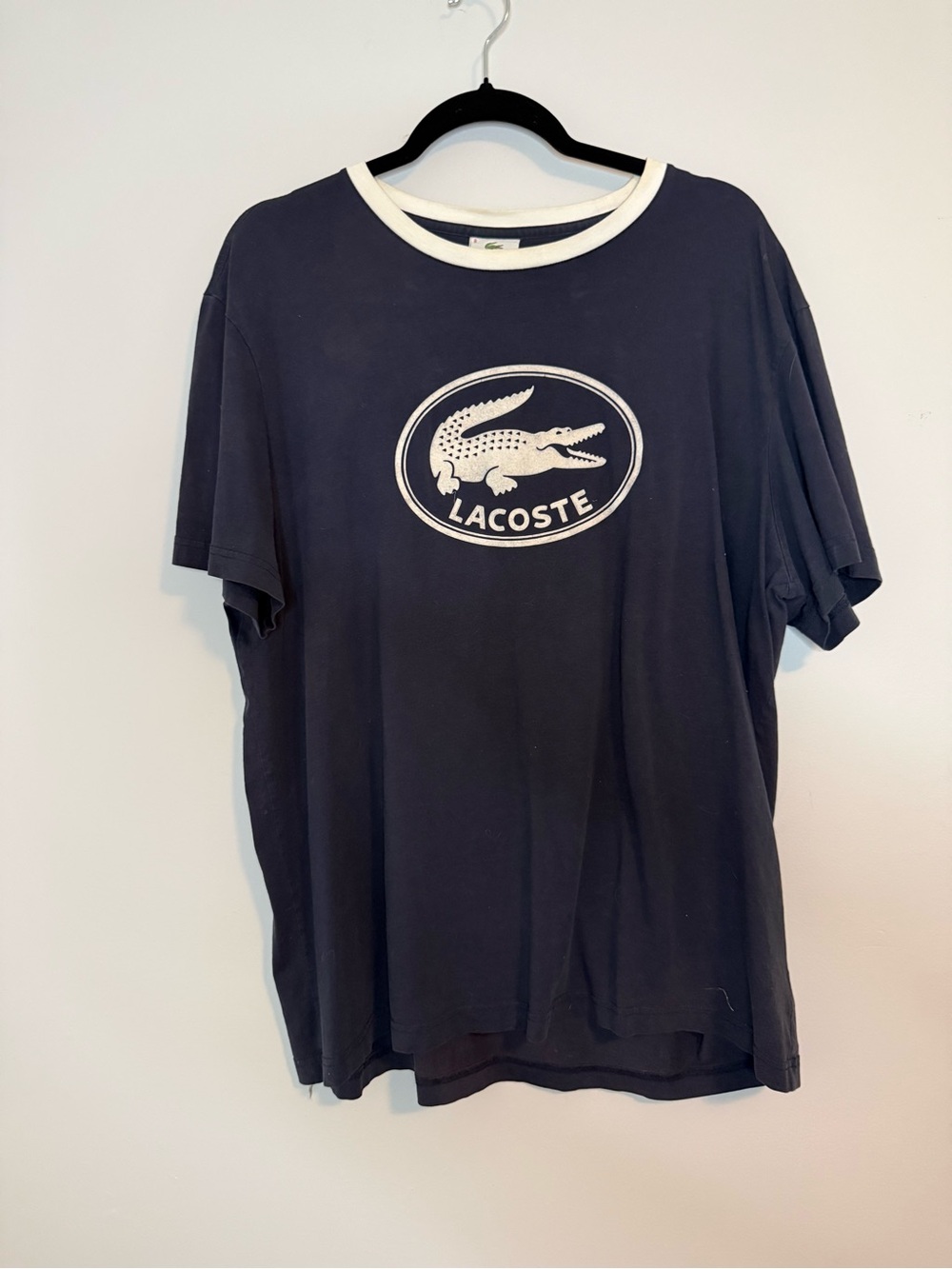 Lacoste Navy and White Crewneck Logo Tee size 8